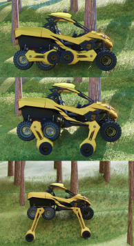Yellow and black six-wheeled Adbhutbot, featuring Stabilizer Hydro Drive wheels, designed to elevate for navigating hostile terrain.
