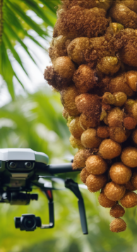 Drones flying over arecanut fruits, assisting in crop health monitoring and improving farming management practices.
