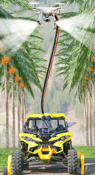 Yellow AdbhutBot with a drone flying above palm trees, illustrating aerial pesticide application in farming.