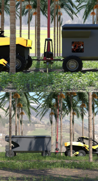 Adbhutbot UTV attached with a trailer used for harvesting crops in farming featuring a telescopic boom. 