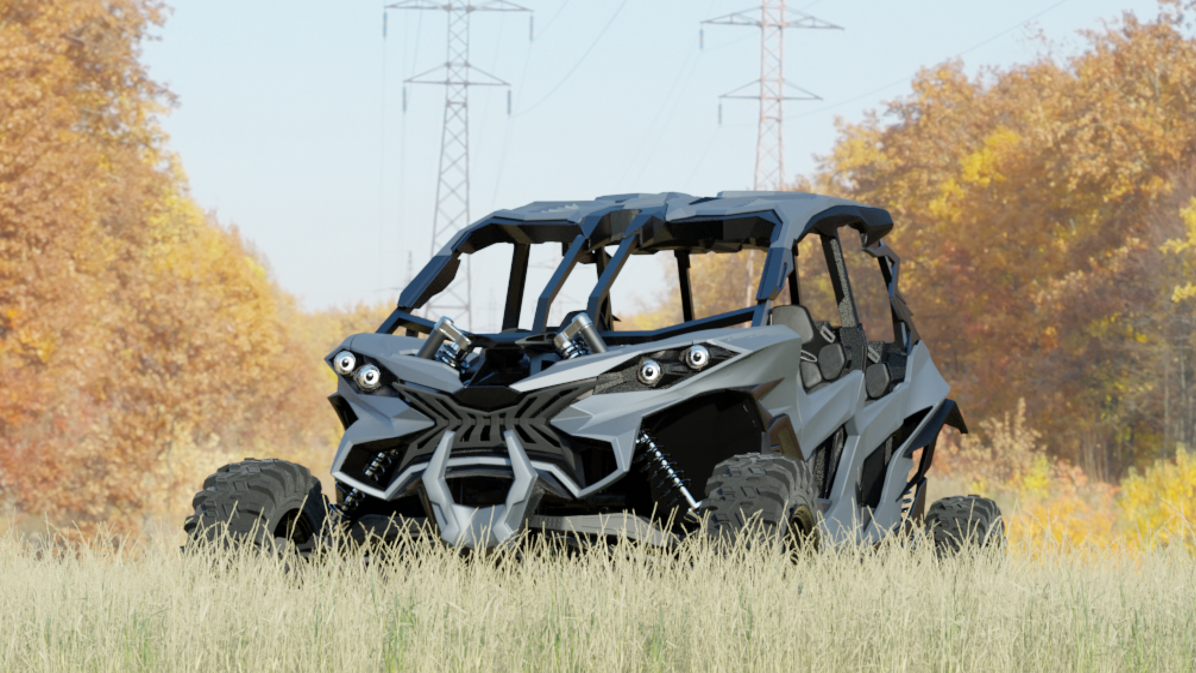 Arav, 4 seater 4x4 off road vehicle standing among vibrant lush green grass, demonstrating its rugged build and suitability for off-road adventures.