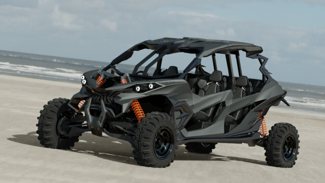 Arav, 4 seater 4x4 off road vehicle on a dirt road ready for high terrains, with a scenic mountain view enhancing the adventure.